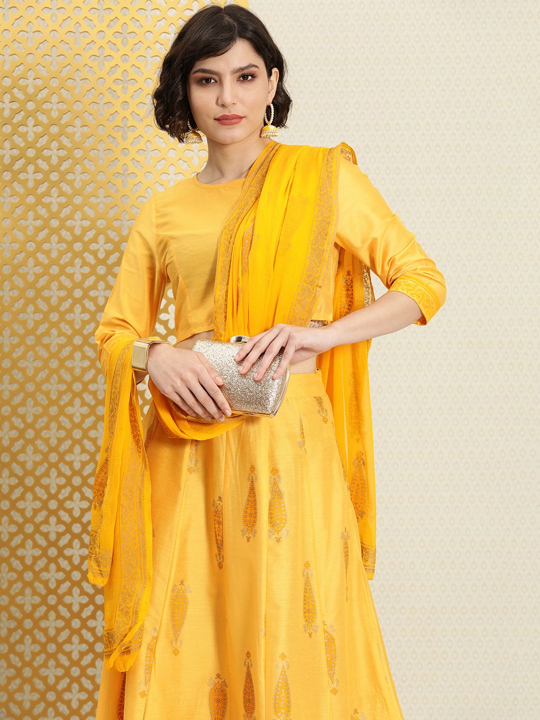 House of Pataudi Women Yellow Ethnic Motifs Blouse with Skirt & With Dupatta Price in India
