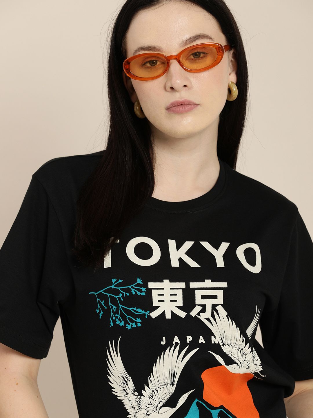 Difference of Opinion Women Black Printed Oversized Pure Cotton T-shirt Price in India
