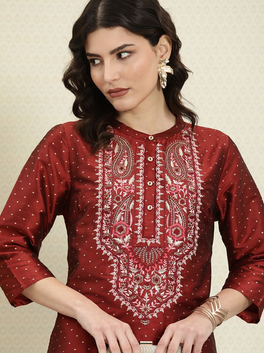 House of Pataudi Women Maroon Ethnic Motifs Embroidered Jashn Kurta Price in India