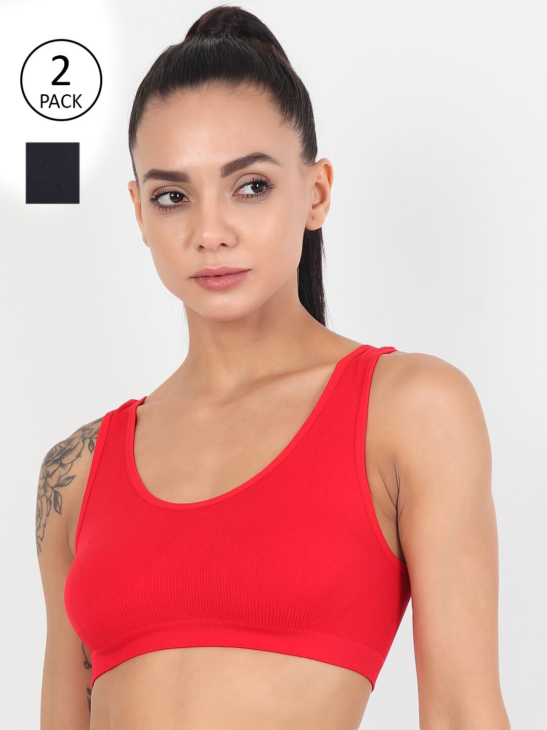 XOXO Design Women Pack of 2 Red & Black Solid Sports Bra Price in India