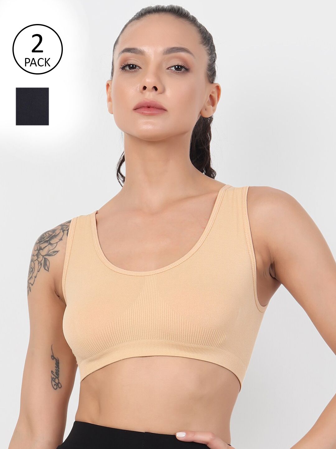 XOXO Design Women Beige&Black Pack of 2 NonPadded Compression SportsBra-XOXO-SB-BG-BK-2_FS Price in India