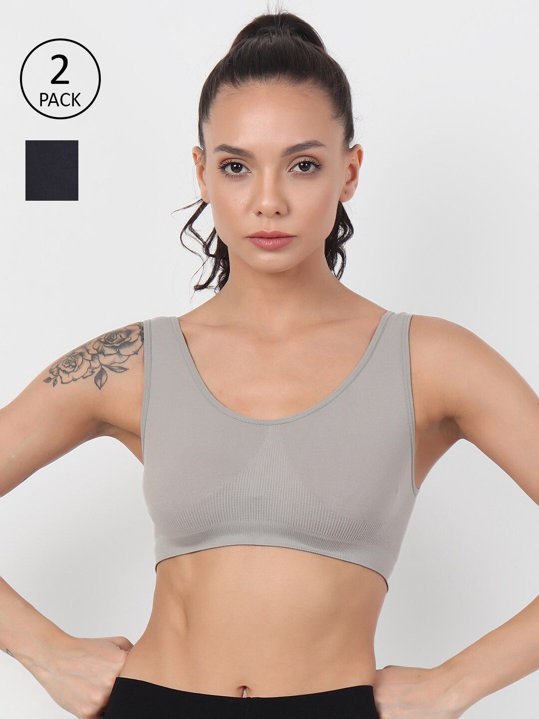 XOXO Design Women Pack of 2 Grey & Black Solid Sports Bra Price in India