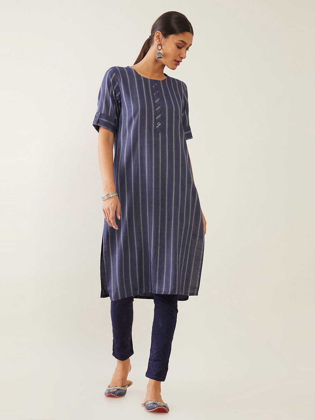Soch Women Blue & Grey Striped Kurta Price in India