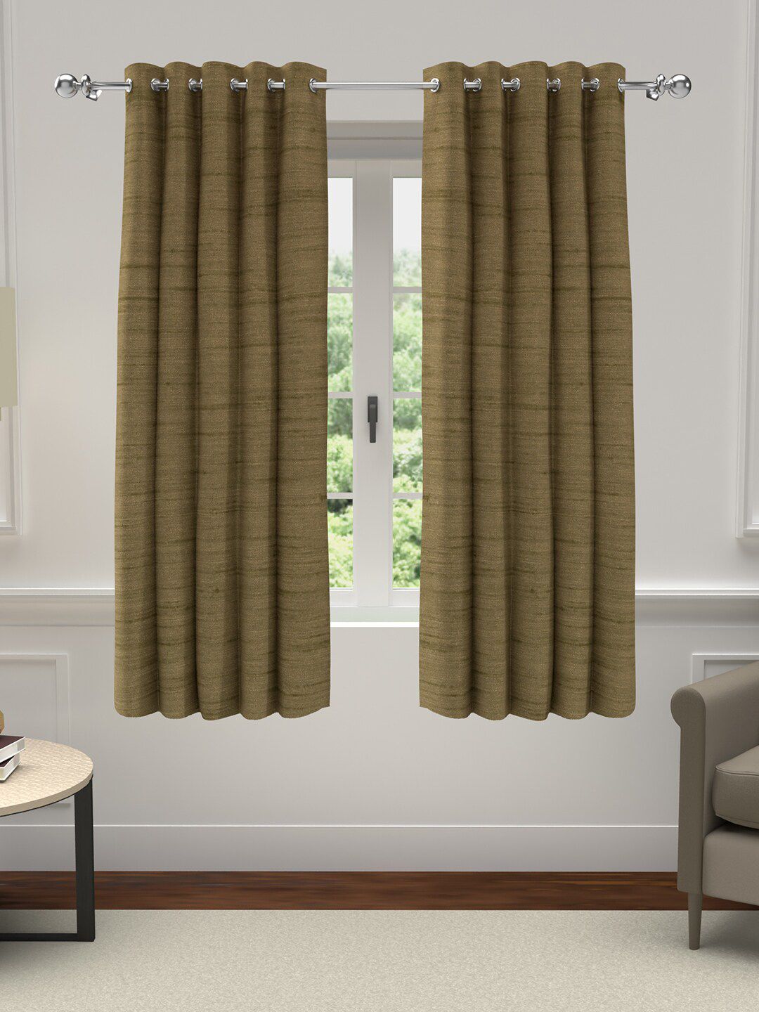 GM Set of 2 Brown Solid Polyester Grommet Window Curtain Price in India