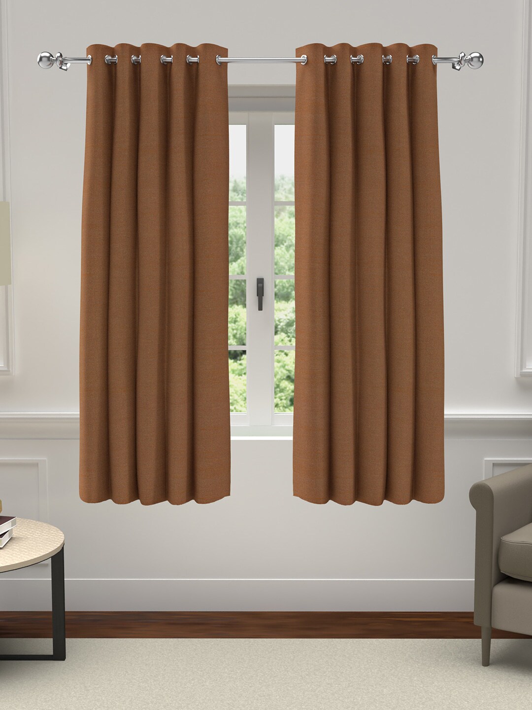 GM Set of 2 Brown Solid Polyester Grommet Window Curtain Price in India