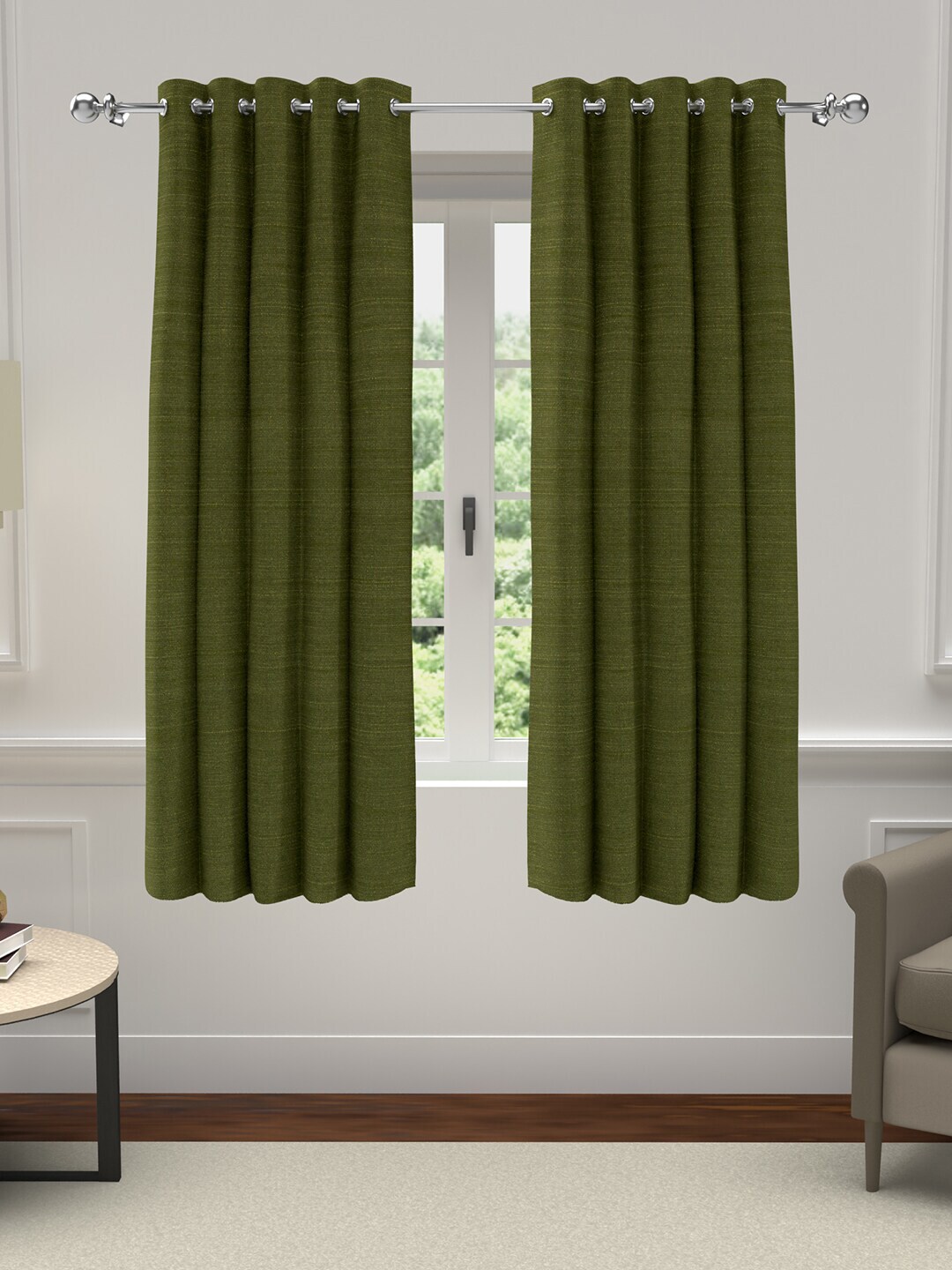 GM Set of 2 Green Solid Polyester Grommet Window Curtain Price in India