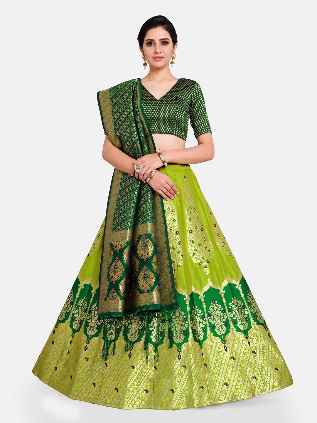 MIMOSA Green & Gold-Toned Semi-Stitched Lehenga & Unstitched Blouse With Dupatta Price in India
