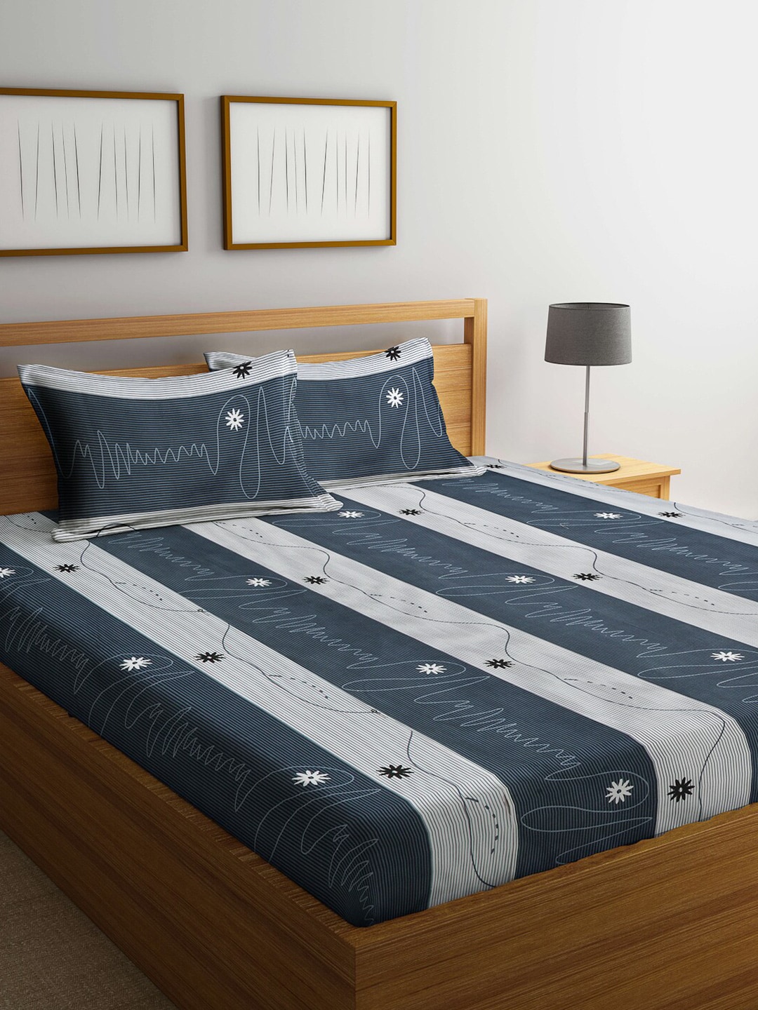Arrabi Grey & White Striped 300 TC King Bedsheet with 2 Pillow Covers Price in India