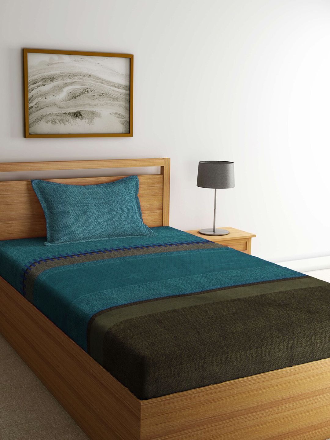 Arrabi Blue & Olive Green Striped 300 TC Single Bedsheet with 1 Pillow Covers Price in India