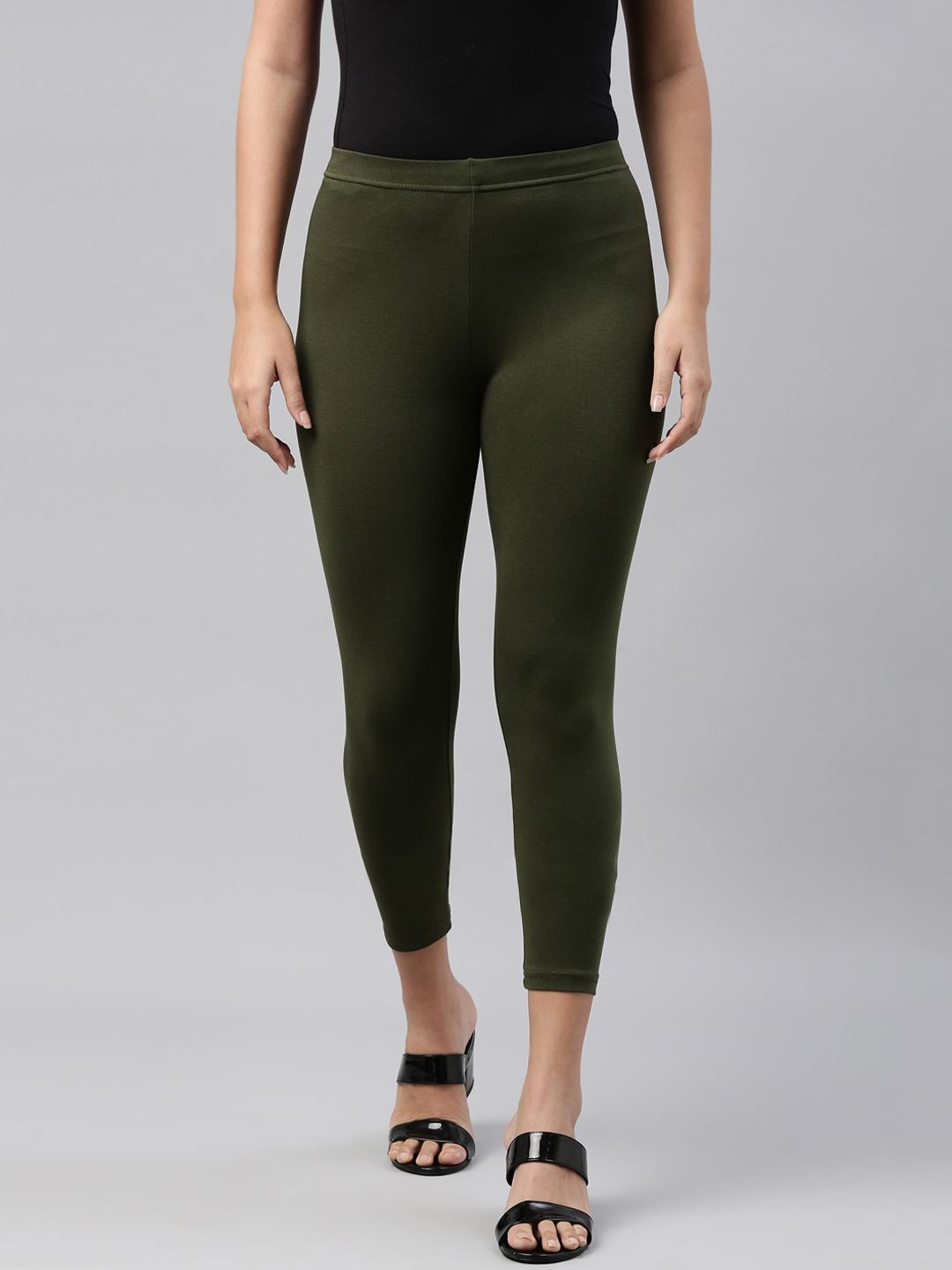 Go Colors Women Olive Green Solid Cotton Three-Fourth-Length Leggings Price in India