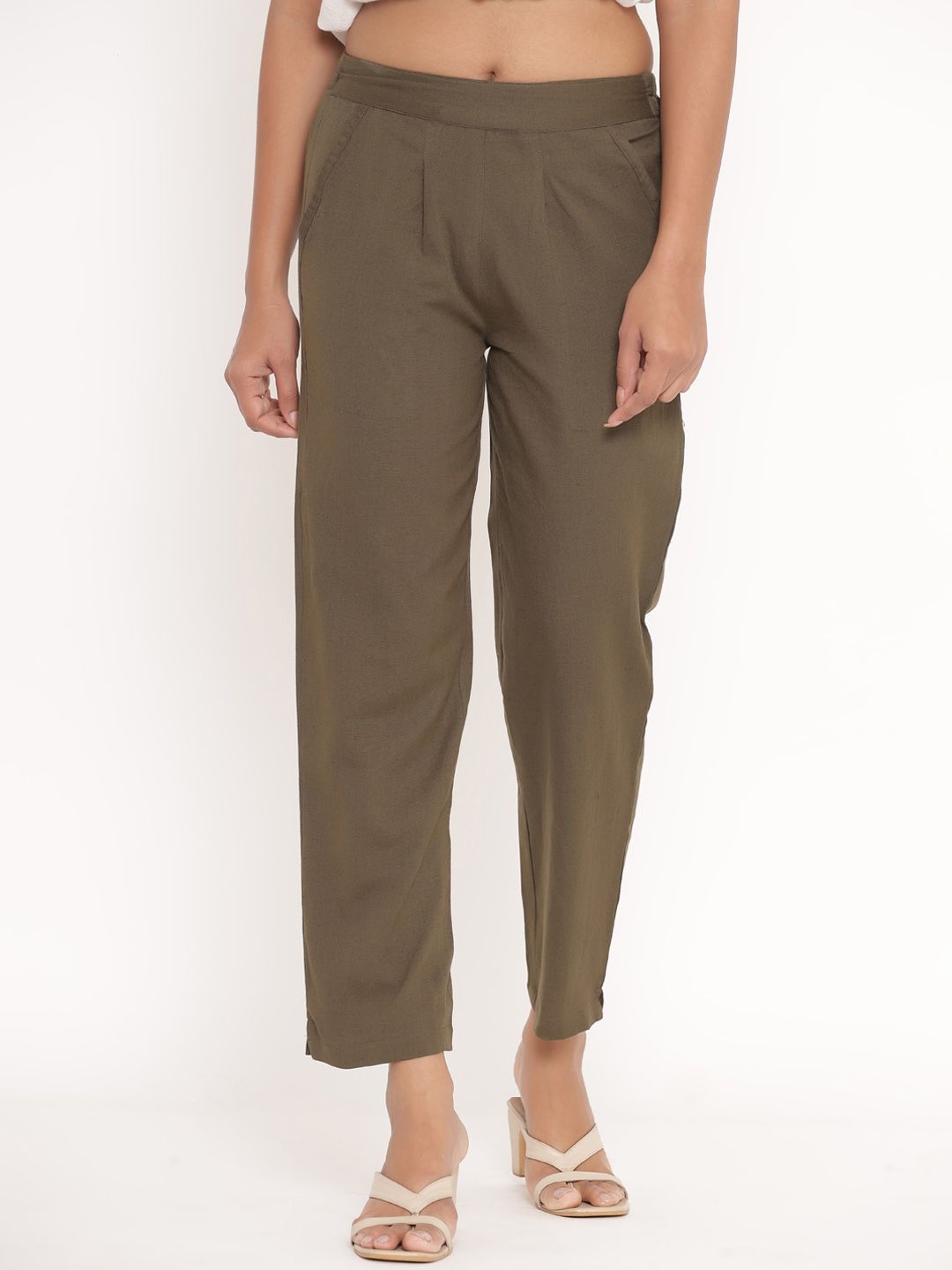 Fabriko Women Brown Pleated Parallel Trousers Price in India