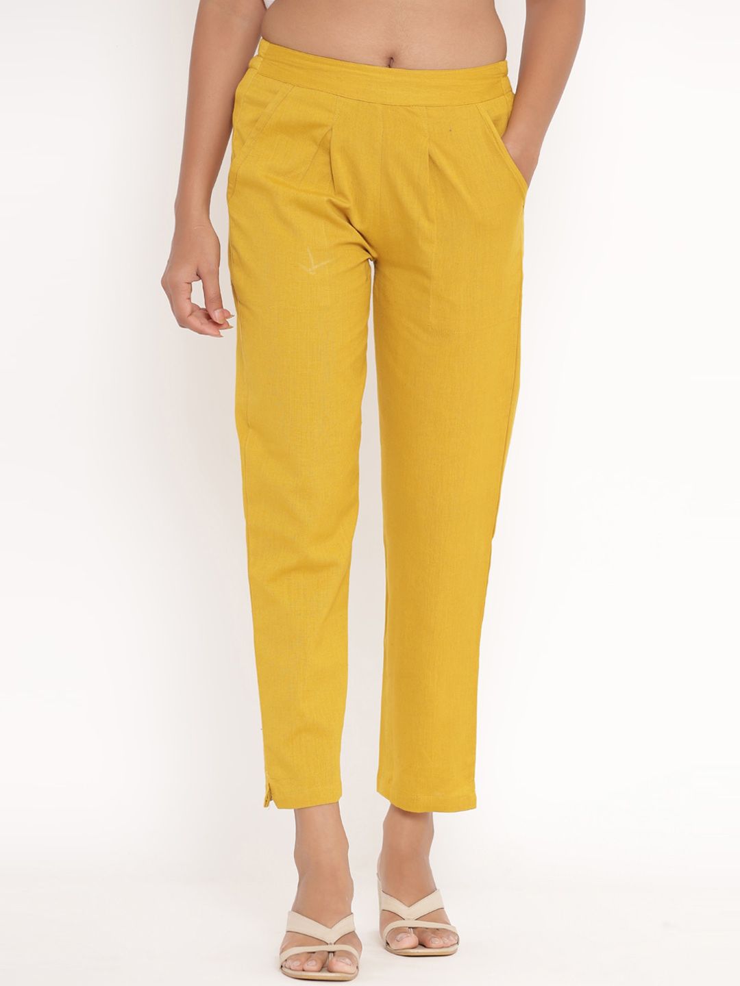 Fabriko Women Yellow Pleated Cigerette Trousers Price in India