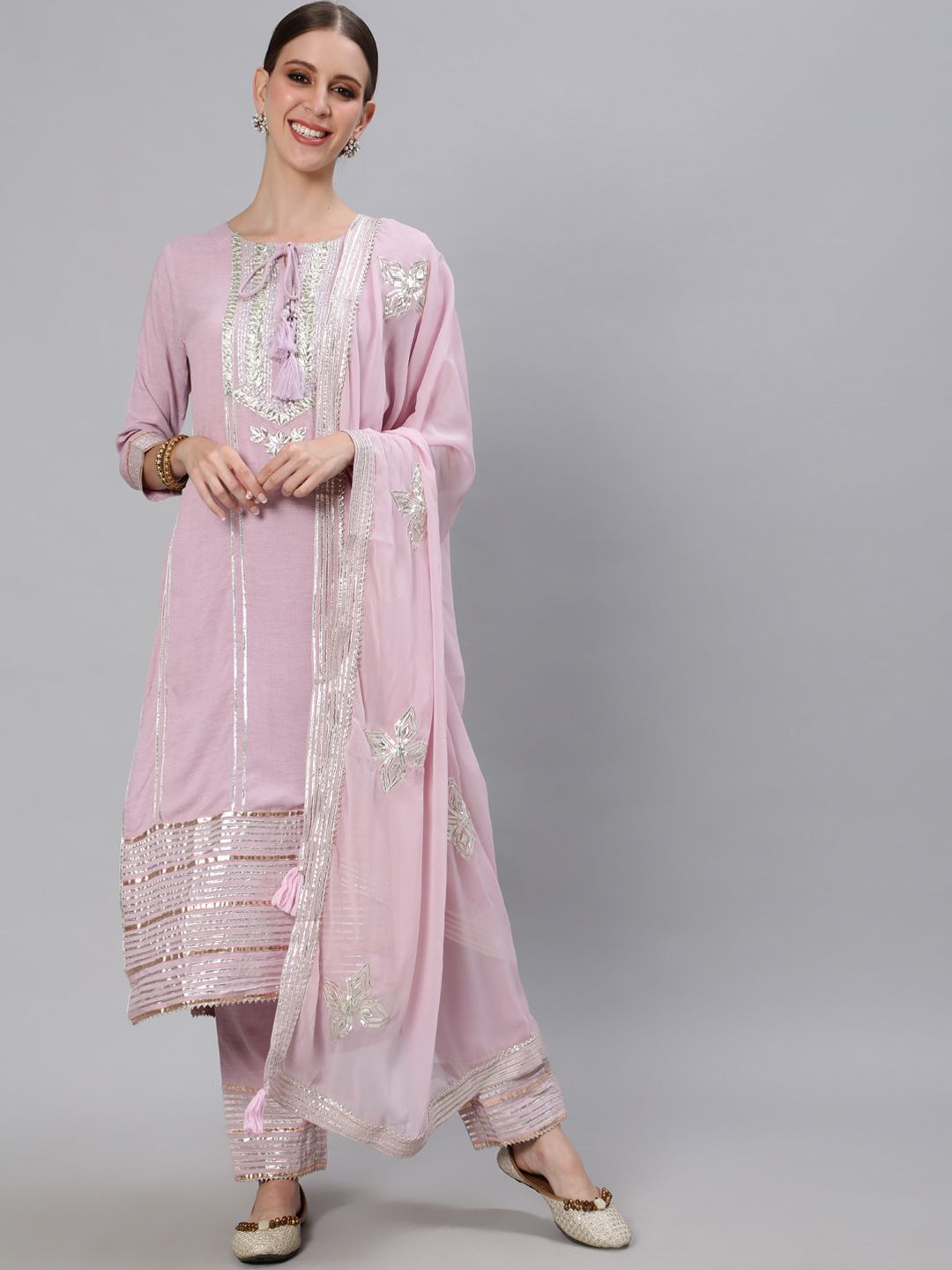 Ishin Women Purple Ethnic Motifs Embroidered Regular Gotta Patti Kurta with Trousers & With Dupatta Price in India