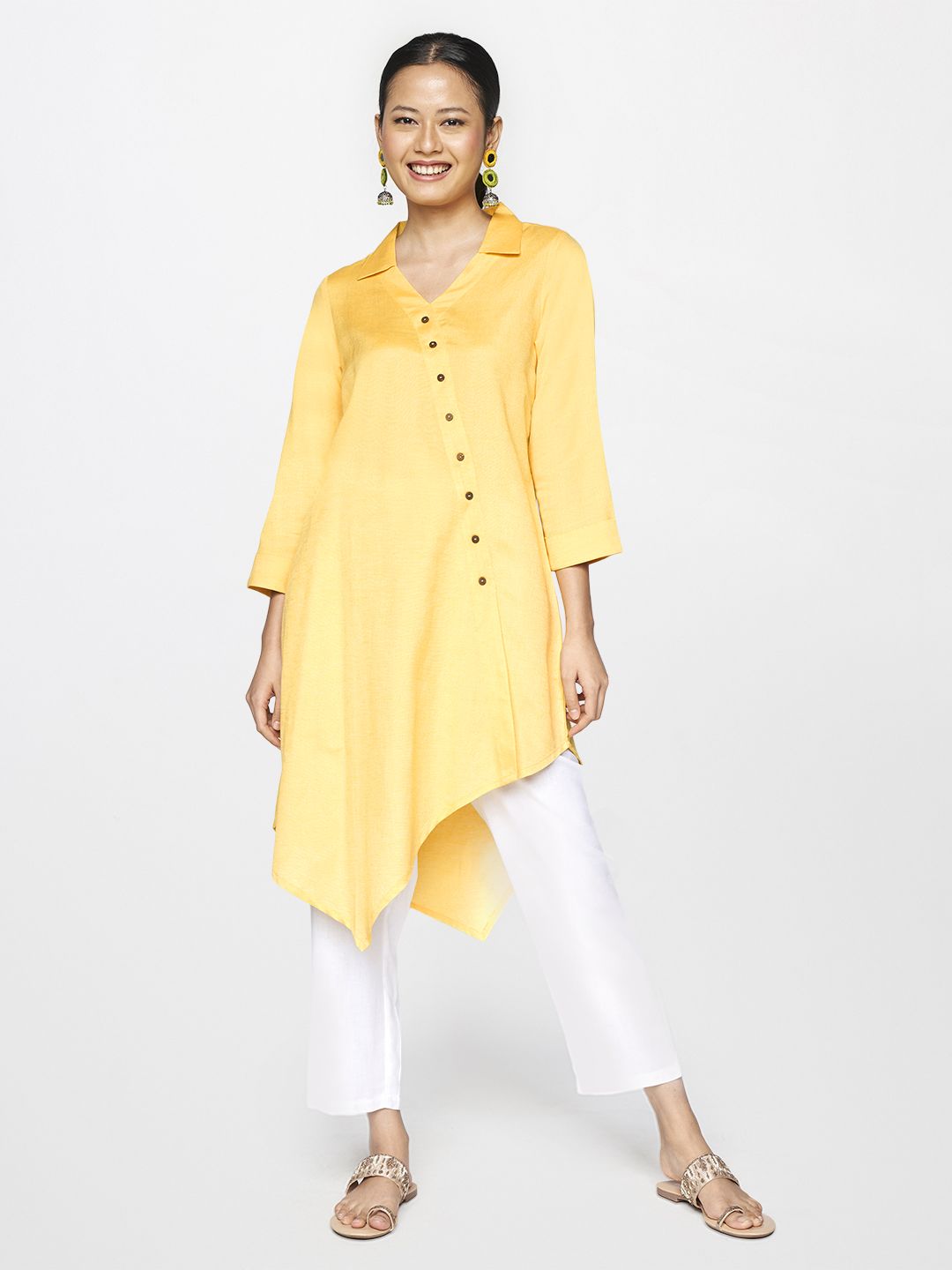 Global Desi Yellow Shirt Collar Asymmetric Tunic Price in India