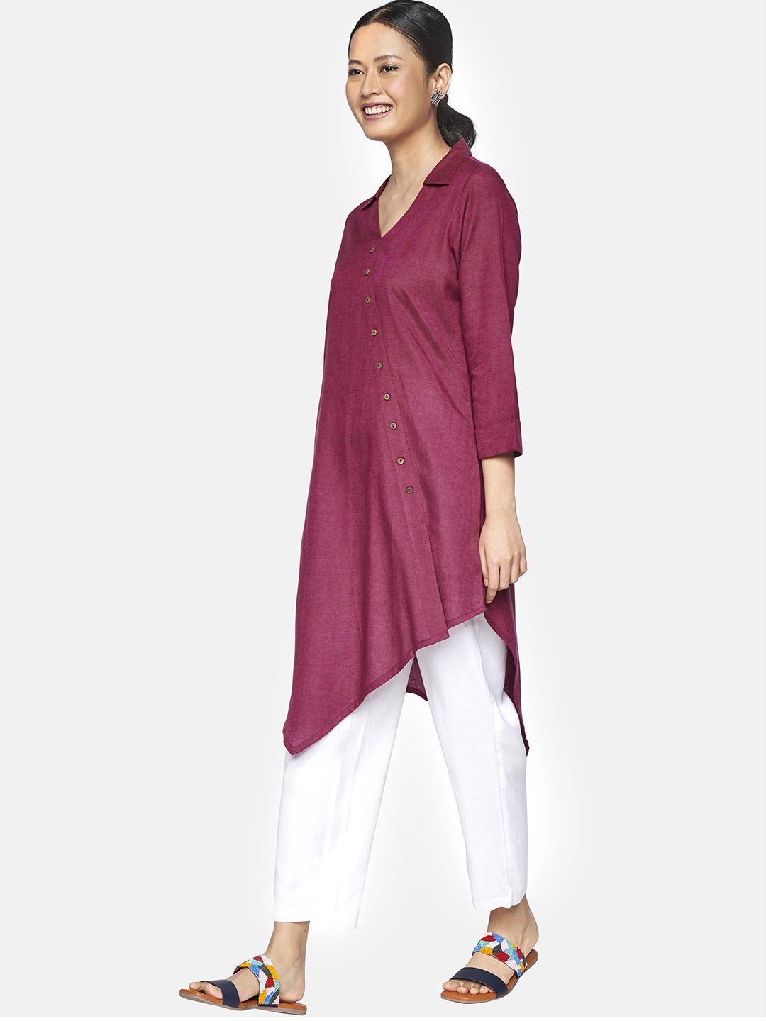 Global Desi Burgundy Viscose Rayon Shirt Collar Tunic with Button Detailing Price in India