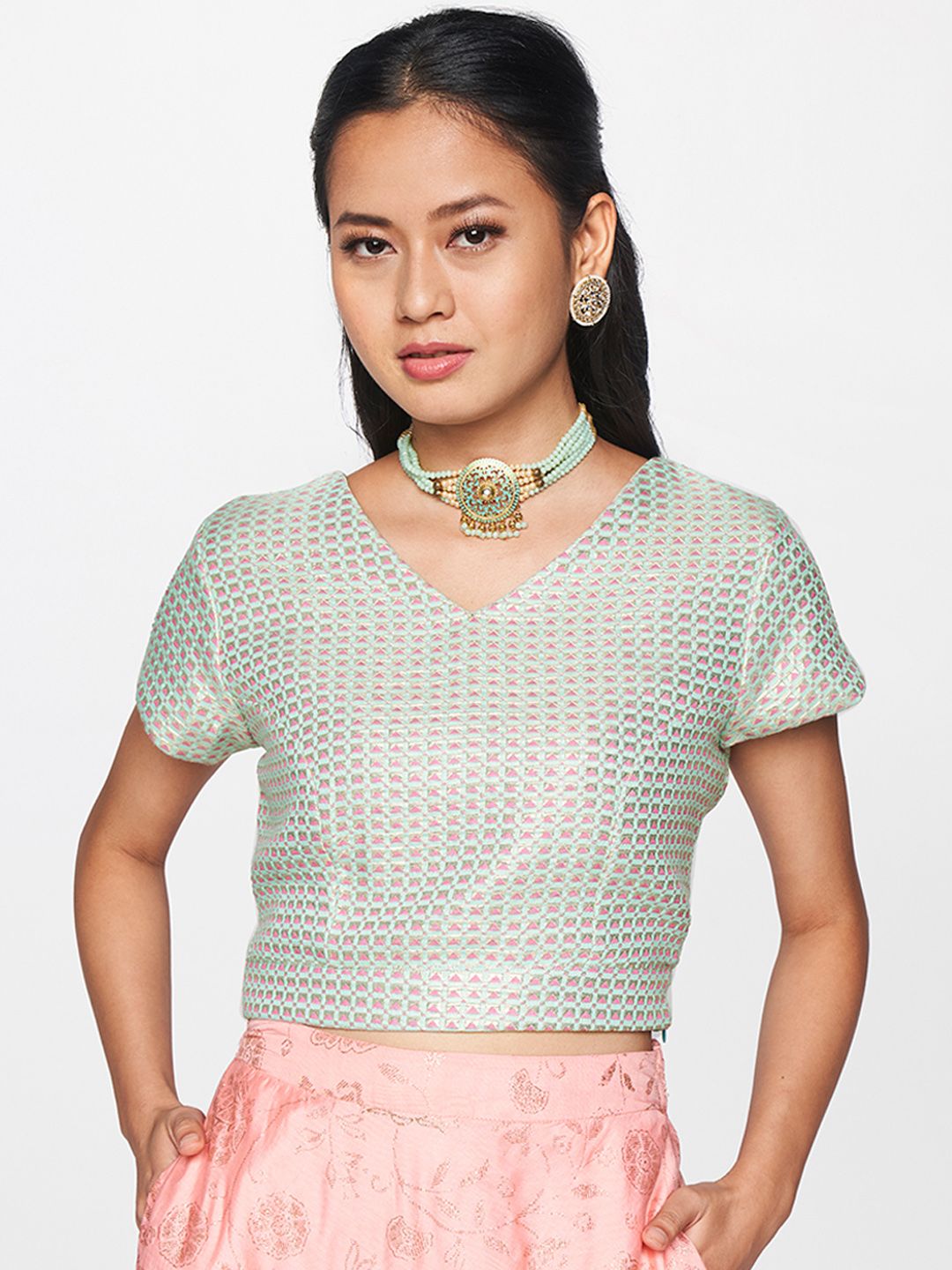 Global Desi Sea Green & Pink Woven Design Zari Regular Crop Top