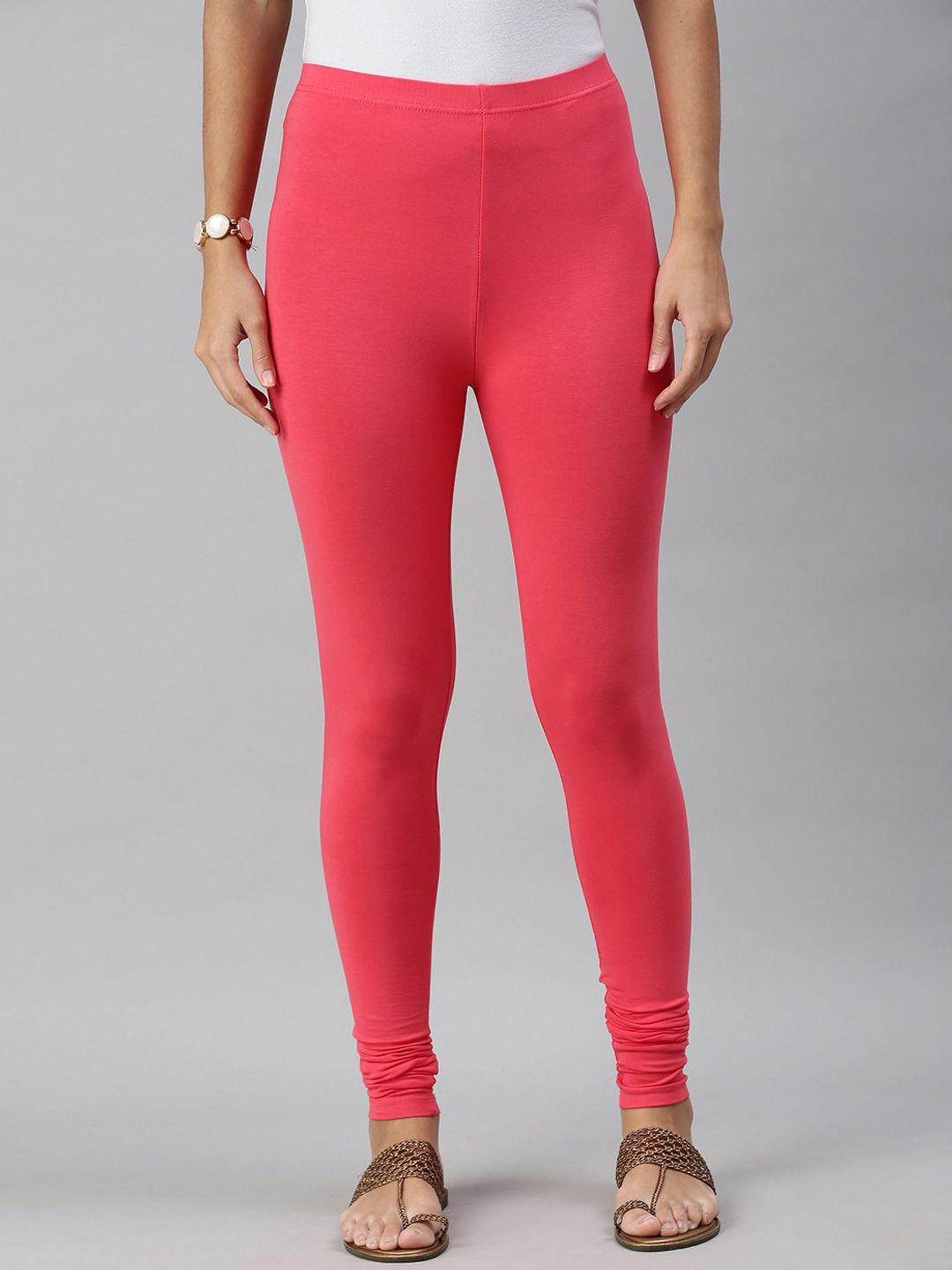 De Moza Women Coral Pink Solid Cotton Churidar-Length Leggings Price in India