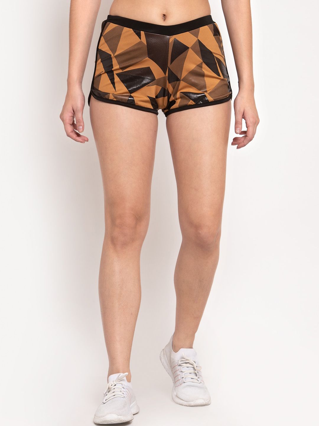 CUKOO Women Tan & Brown Geometric Printed Stretchable Slim Fit Sports Shorts Price in India