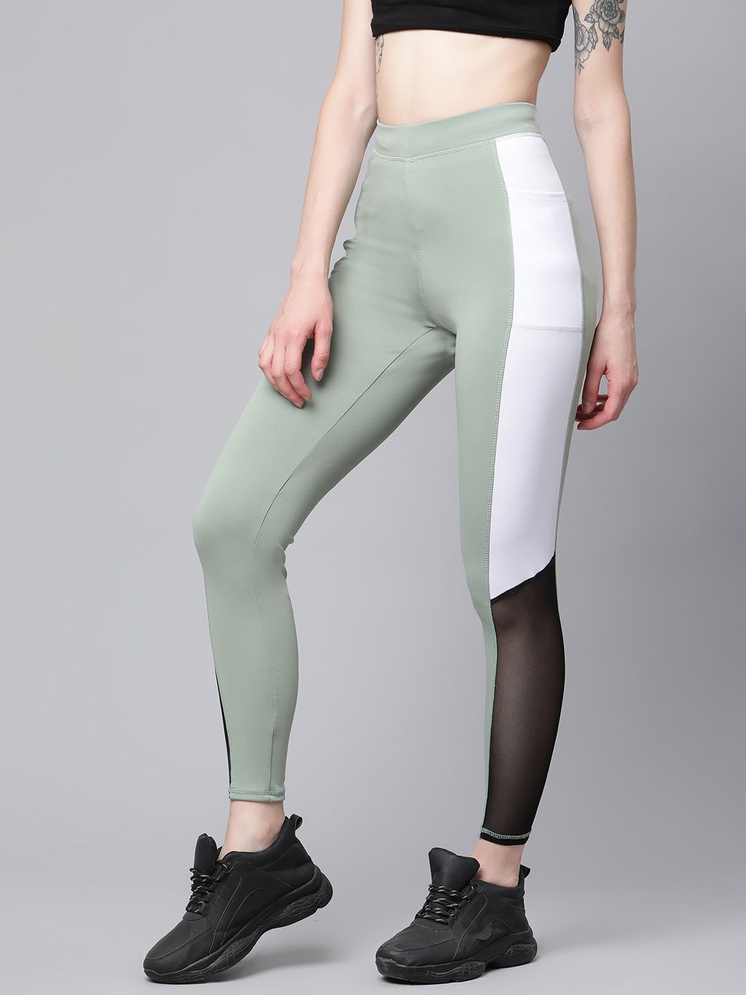 Blinkin Women Green & White High-Rise Colourblocked Gym Tights Price in India