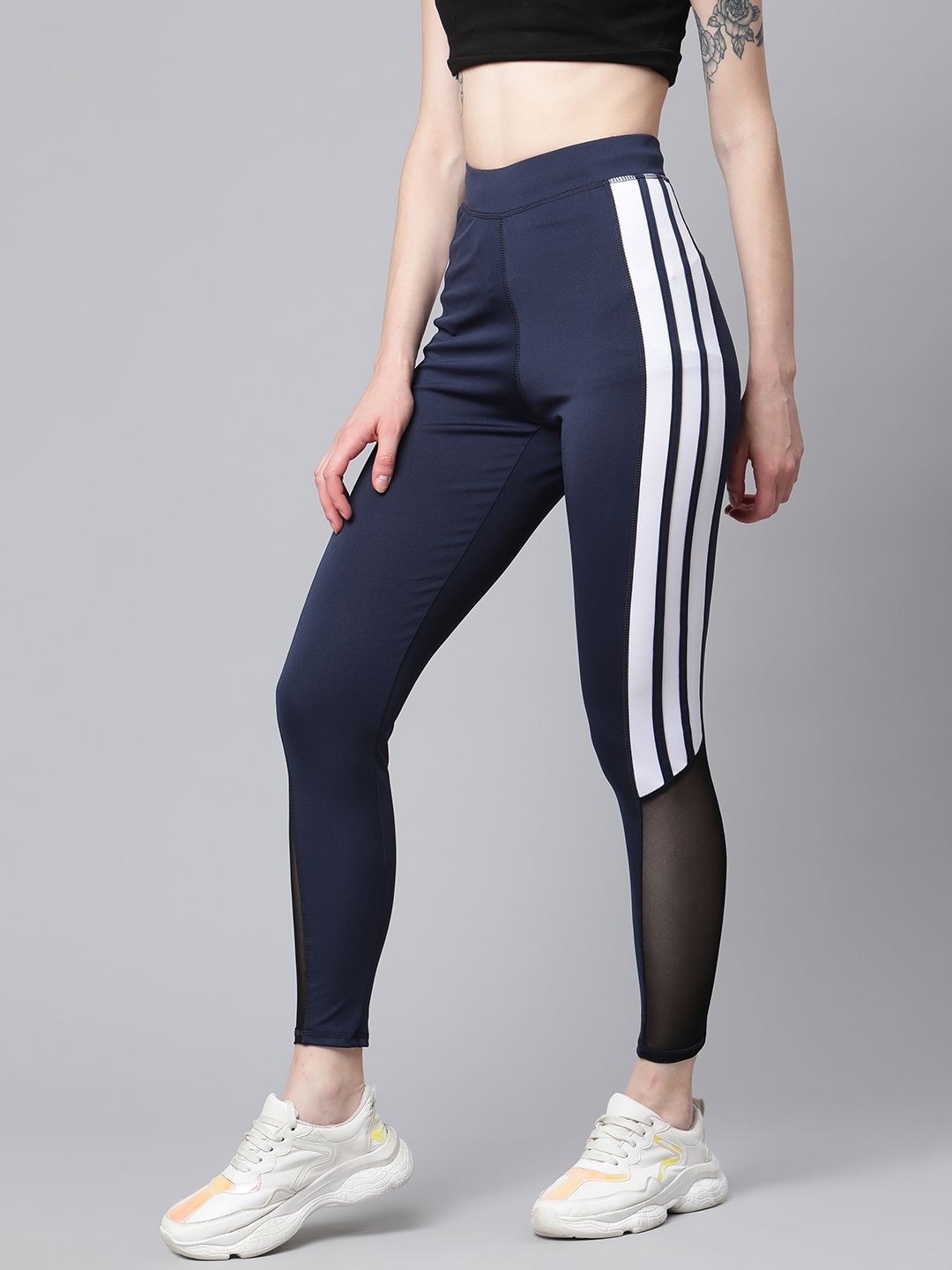 Blinkin Women Navy Blue & White Solid Training Tights with Mesh Inserts Detail Price in India