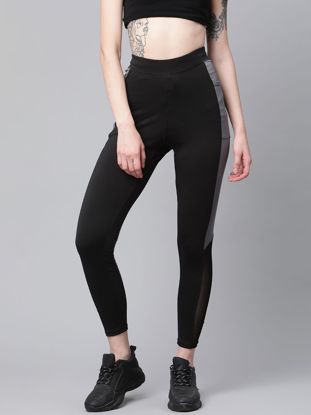 Blinkin Women Black & Charcoal Grey Colourblocked Training Tights with Mesh Inserts Detail Price in India