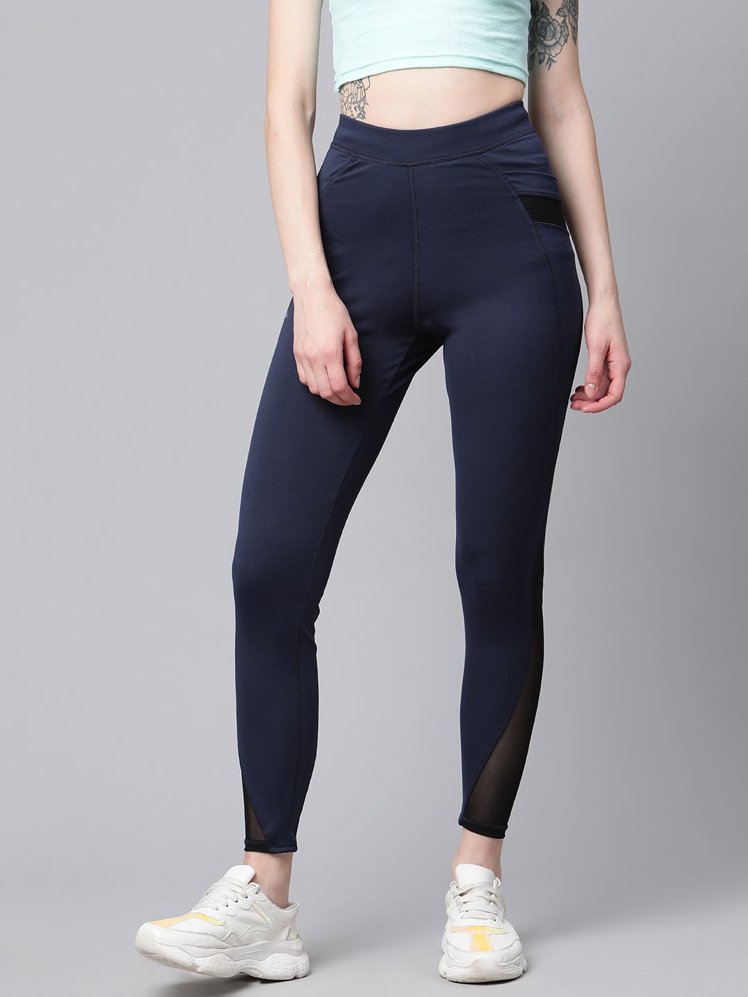 Blinkin Women Navy Blue Solid Training Tights with Mesh Inserts Detail Price in India