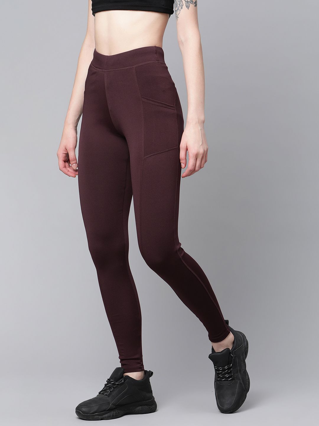 Blinkin Women Burgundy Solid High-Rise Tights Price in India