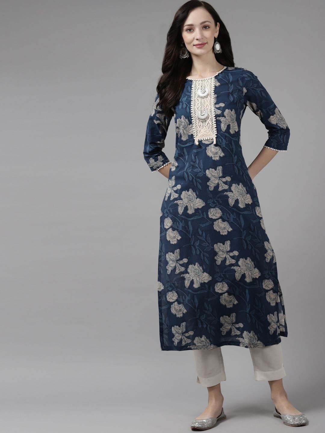 Rain & Rainbow Women Blue Floral Printed Kurta Price in India