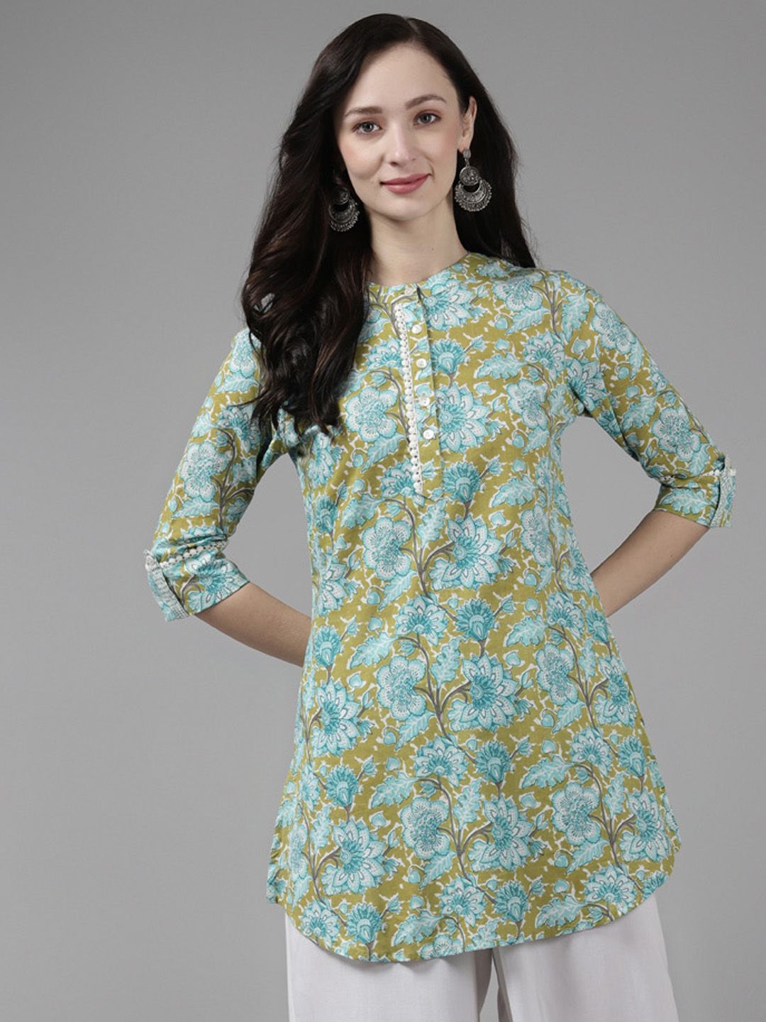Rain & Rainbow Green & Turquoise Blue Floral Printed Pure Cotton Kurti Price in India
