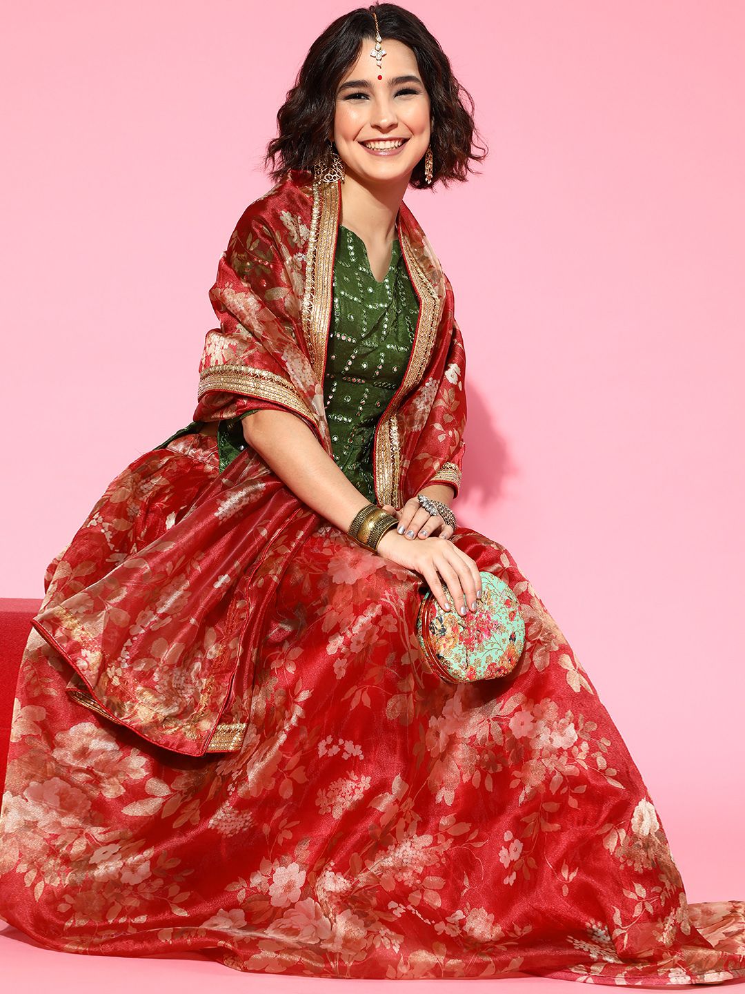 Tikhi Imli Gorgeous Red Embellished Ready to Wear Lehenga Choli with Dupatta Price in India