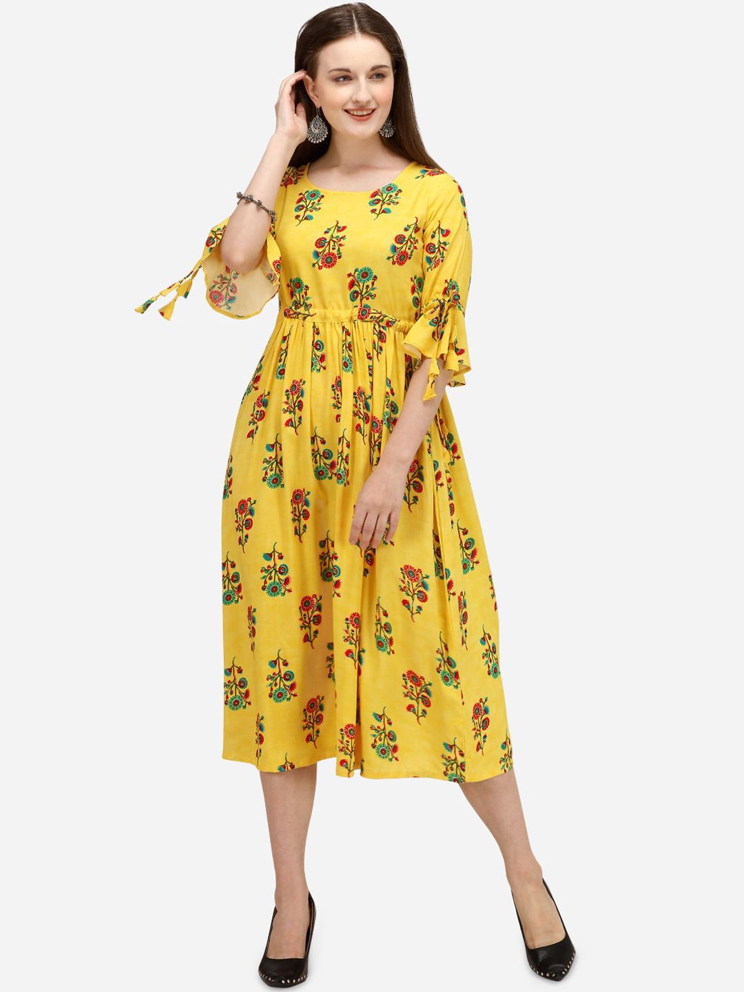 LEWAWAA Yellow & Green Floral Midi Dress Price in India