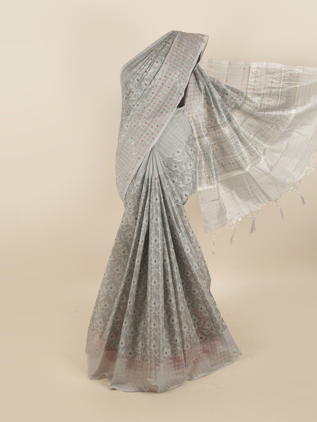 Pothys Grey Floral Printed Mirror Work Tissue Saree