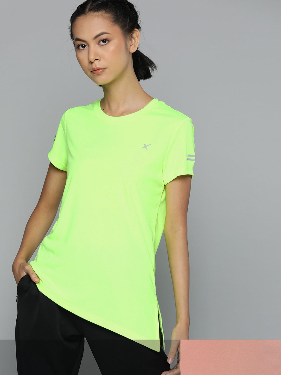 HRX By Hrithik Roshan Running Women Rose Dawn & Neon Lime Rapid-Dry Solid Tshirts Price in India