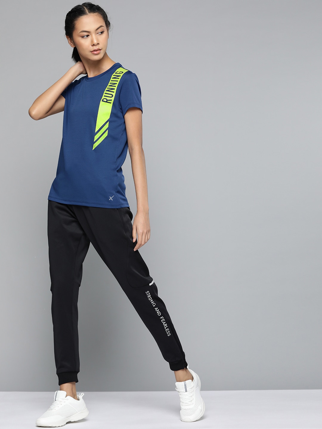 HRX By Hrithik Roshan Running Women Neon Lime & Navy Blue Rapid-Dry Solid Tshirts Price in India