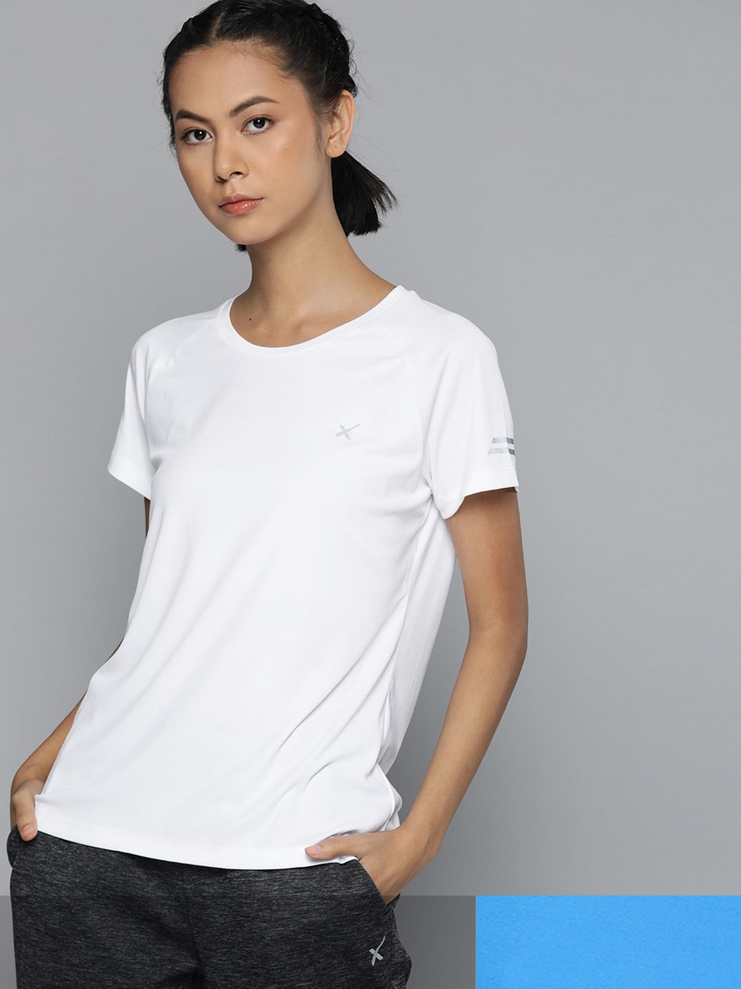 HRX By Hrithik Roshan Running Women Bright White & Neon Blue Rapid-Dry Solid Tshirts Price in India