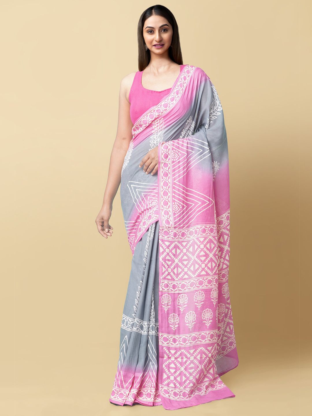 Unnati Silks Grey & Pink Ethnic Motifs Zari Pure Cotton Sustainable Kota Saree