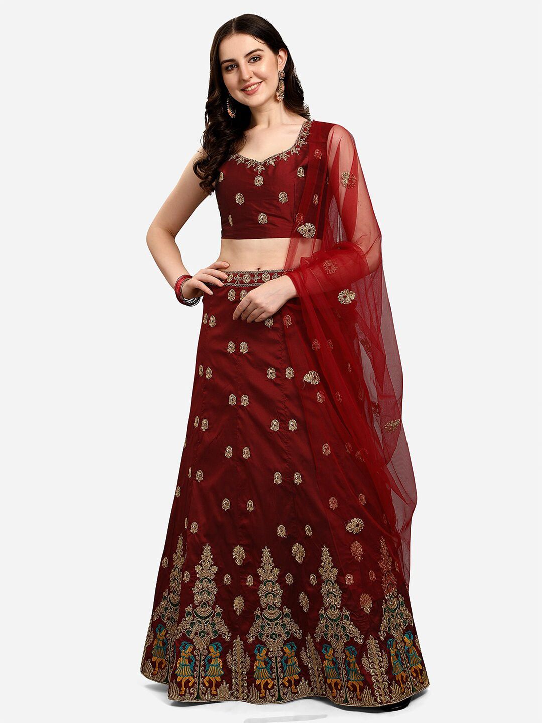Satrani Maroon & Gold-Toned Embroidered Semi-Stitched Lehenga & Unstitched Blouse With Dupatta Price in India