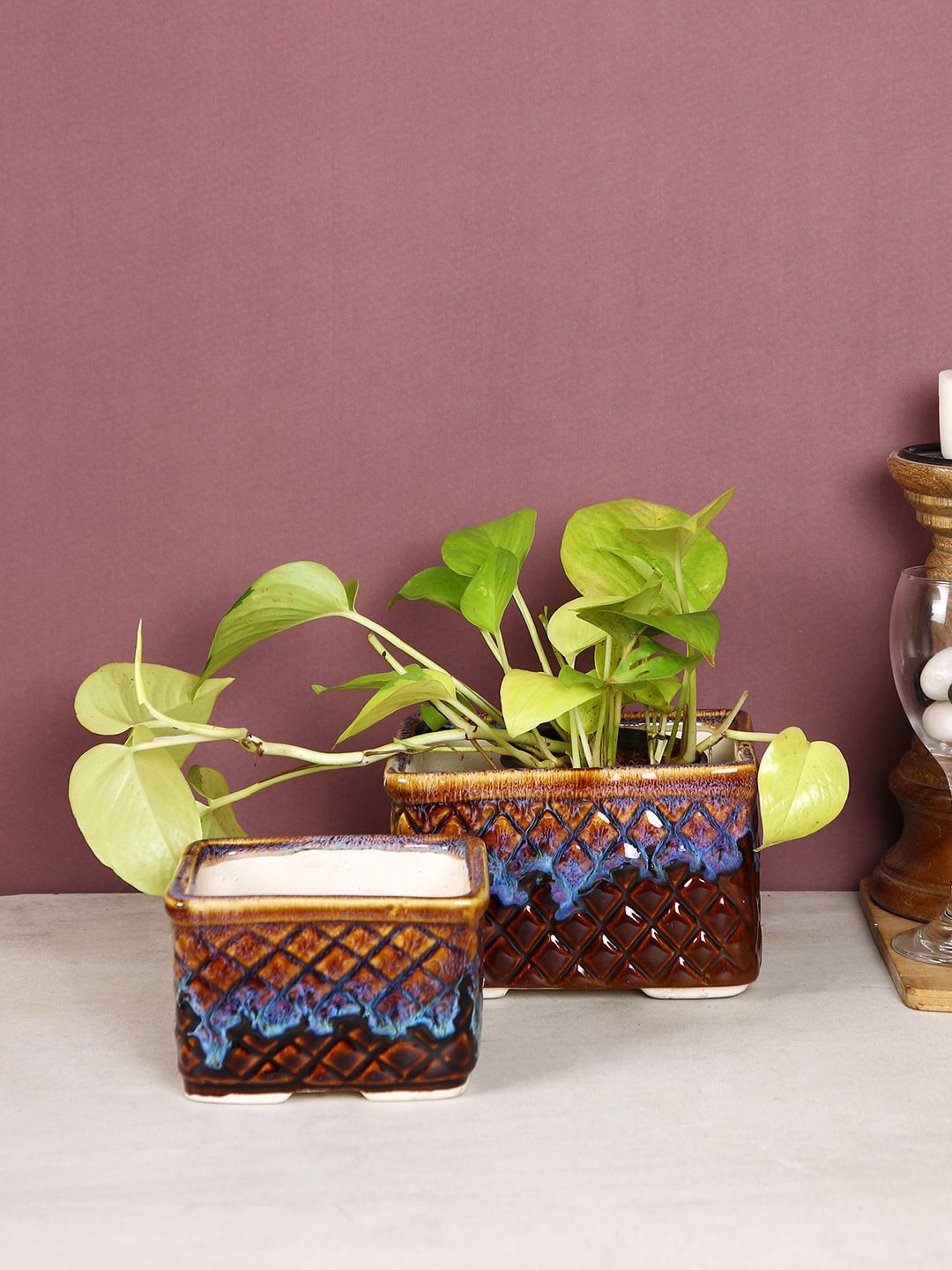 Aapno Rajasthan Set Of 2 Brown & Blue Textured Ceramic Box-Shaped Planters Price in India
