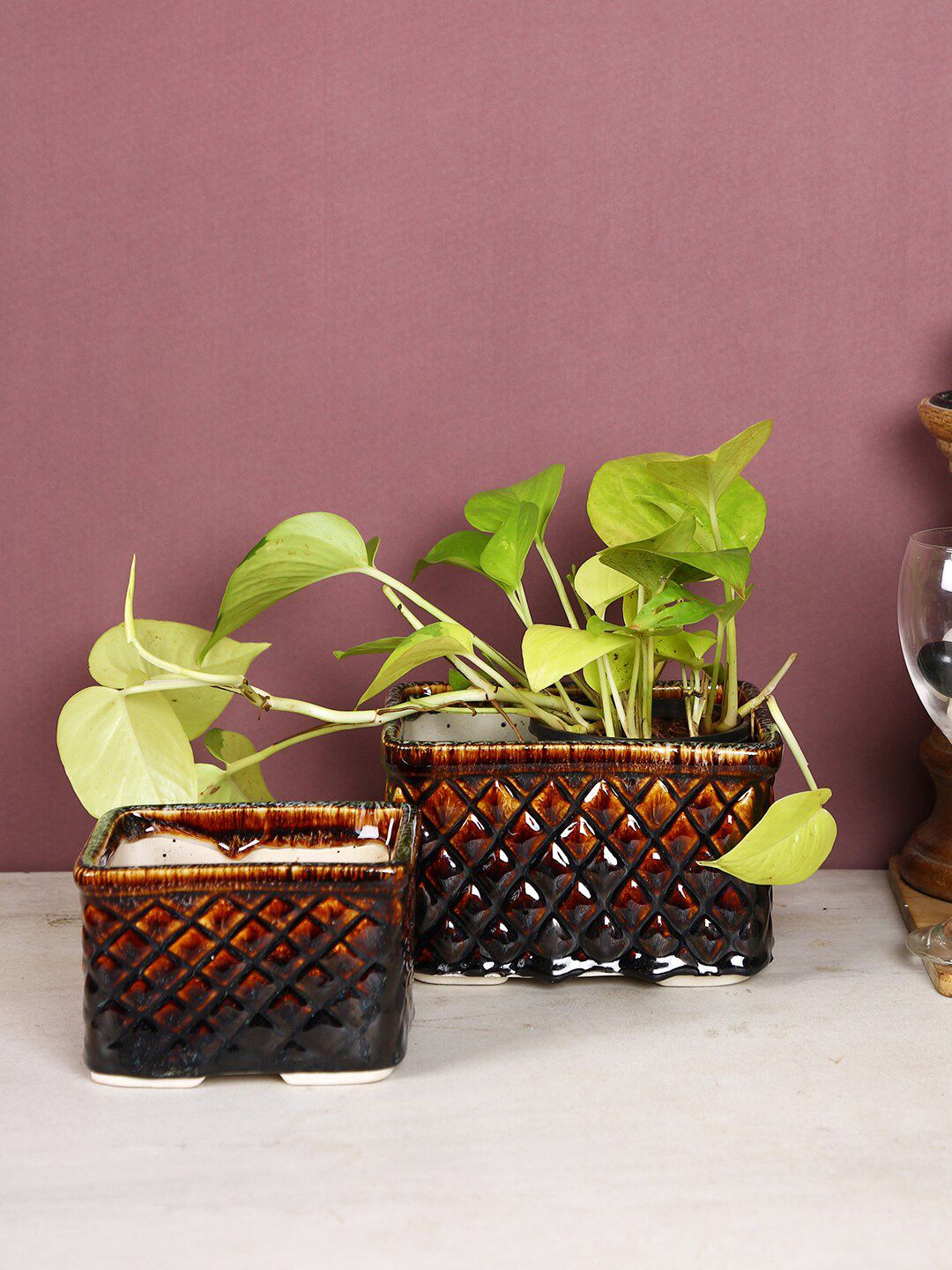 Aapno Rajasthan Set Of 2 Brown & Black Textured Ceramic Box-Shaped Planters Price in India