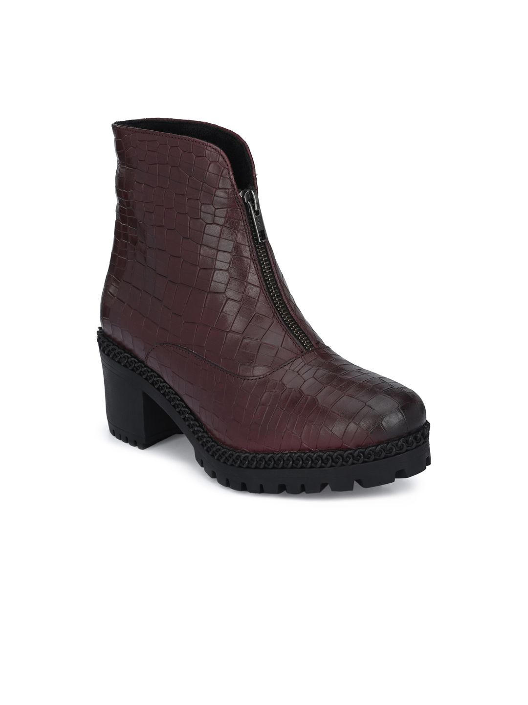 Delize Burgundy Printed Block Heeled Boots Price in India