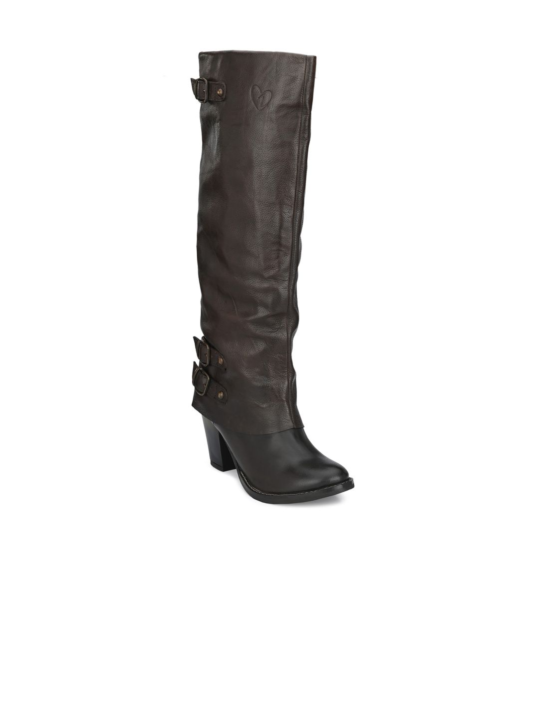 Delize Brown Leather Block Heeled Boots with Buckles Price in India