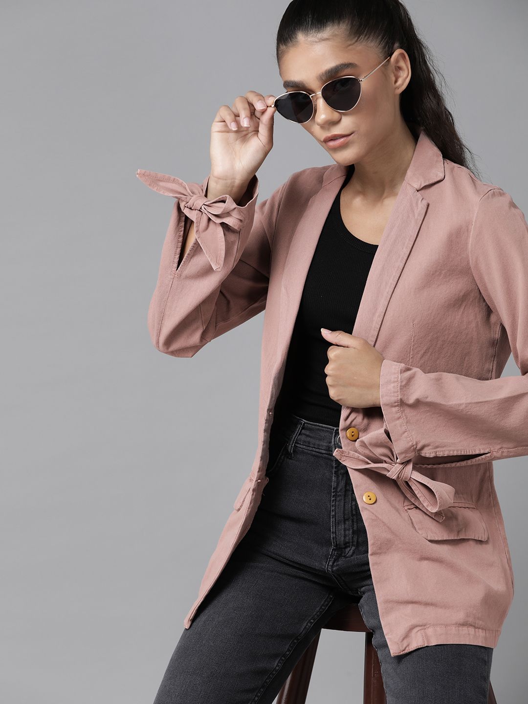 Roadster Women Dusty Pink Pure Cotton Solid Denim Longline Casual Blazer Price in India