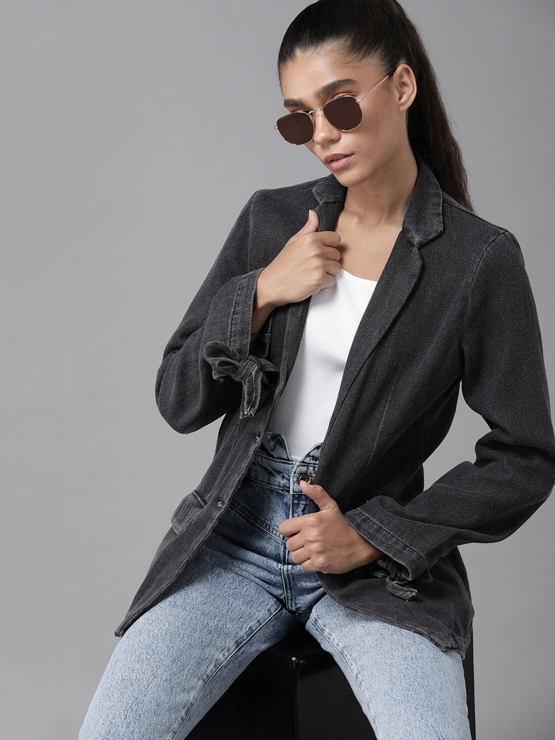 Roadster Women Charcoal Grey Pure Cotton Solid Denim Longline Casual Blazer Price in India