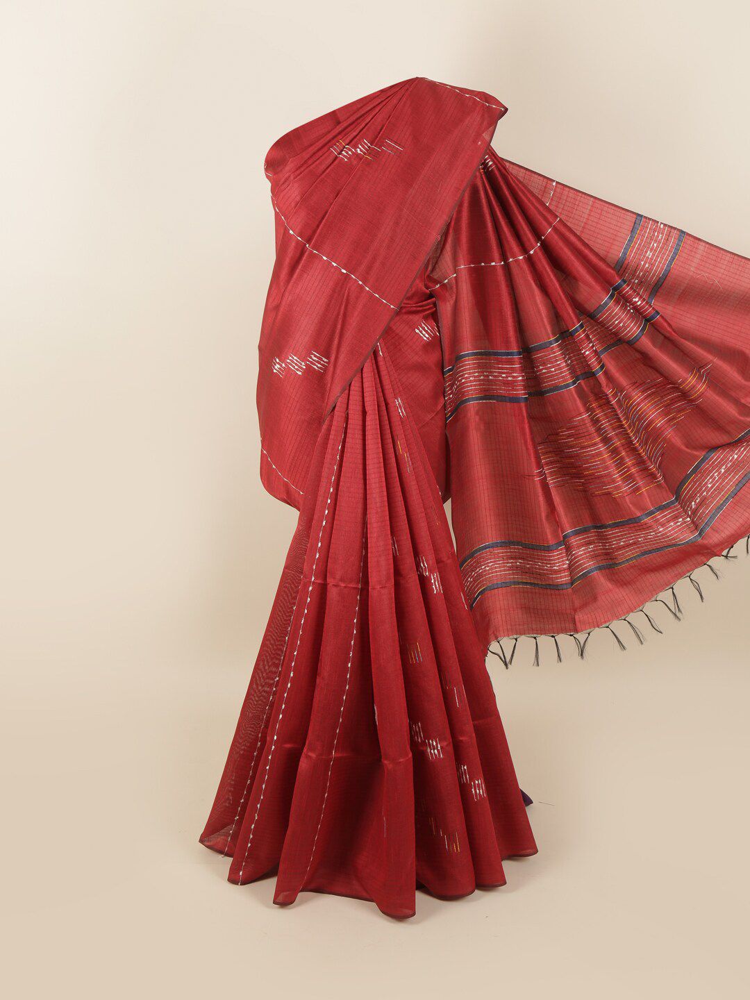 Pothys Red & Silver-Toned Woven Design Jute Silk Saree