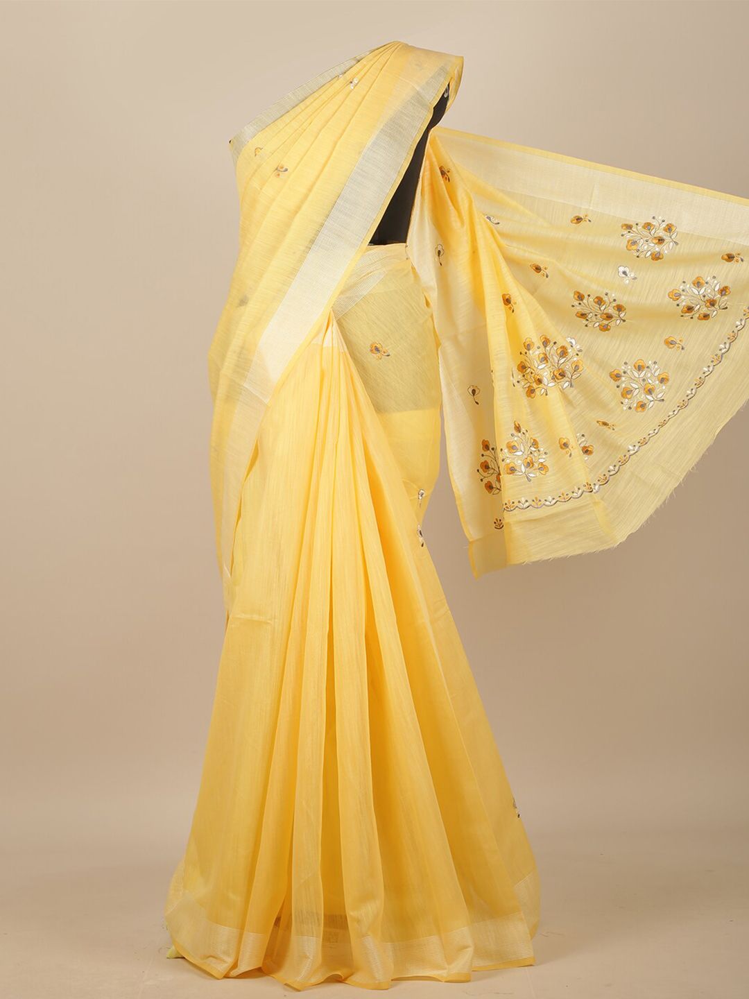 Pothys Yellow & Silver-Toned Floral Zari Chanderi Saree