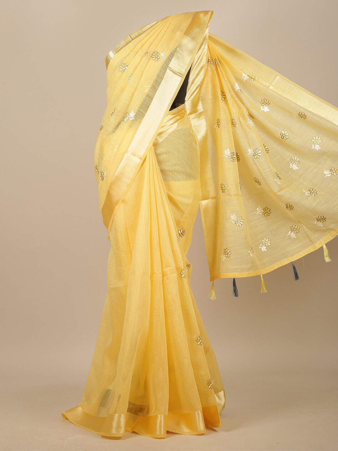 Pothys Yellow & Gold-Toned Floral Zari Chanderi Saree