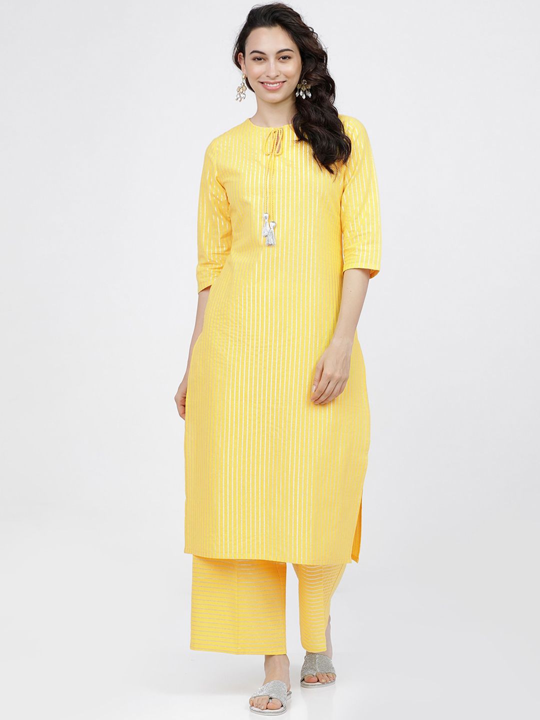 Vishudh Women Yellow Striped Regular Pure Cotton Kurta with Palazzos Price in India