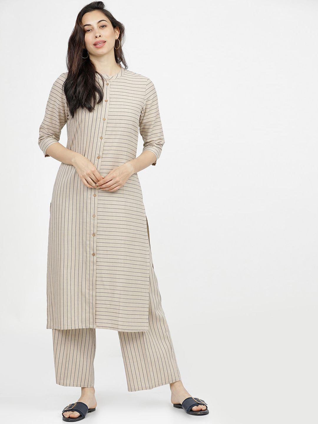 Vishudh Women Beige Striped Pleated Pure Cotton Kurta with Palazzos Price in India