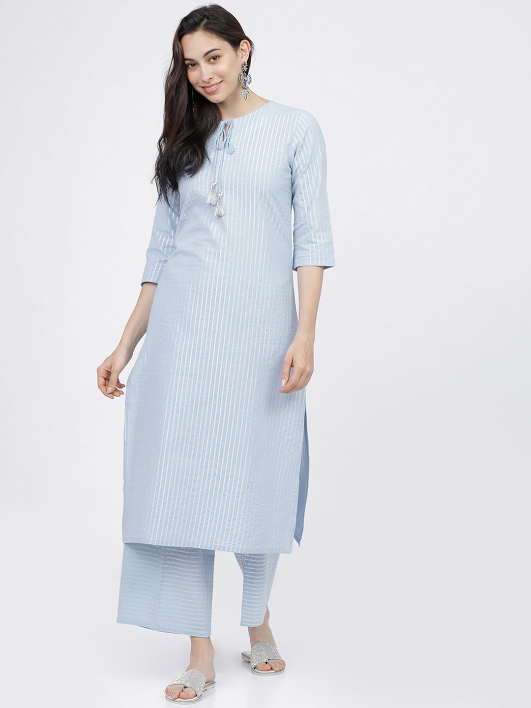 Vishudh Women Blue Striped Regular Pure Cotton Kurta with Palazzos Price in India