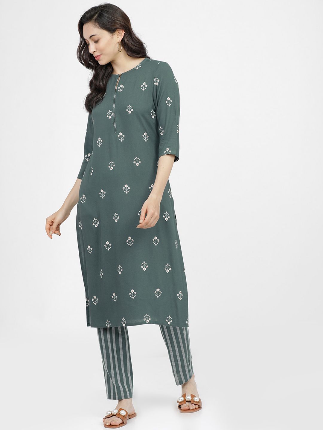 Vishudh Women Olive Green Floral Printed Regular Pure Cotton Kurta with Trousers Price in India